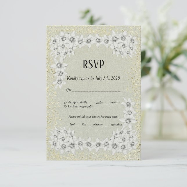 Maßgeschneiderte elegante, blumengoldene RSVP-Kart RSVP Karte (Stehend Vorderseite)