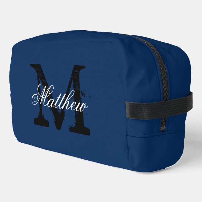 Maßgeschneiderte, elegante marineblaue Toilettenta Waschbeutel (Linke Seite)