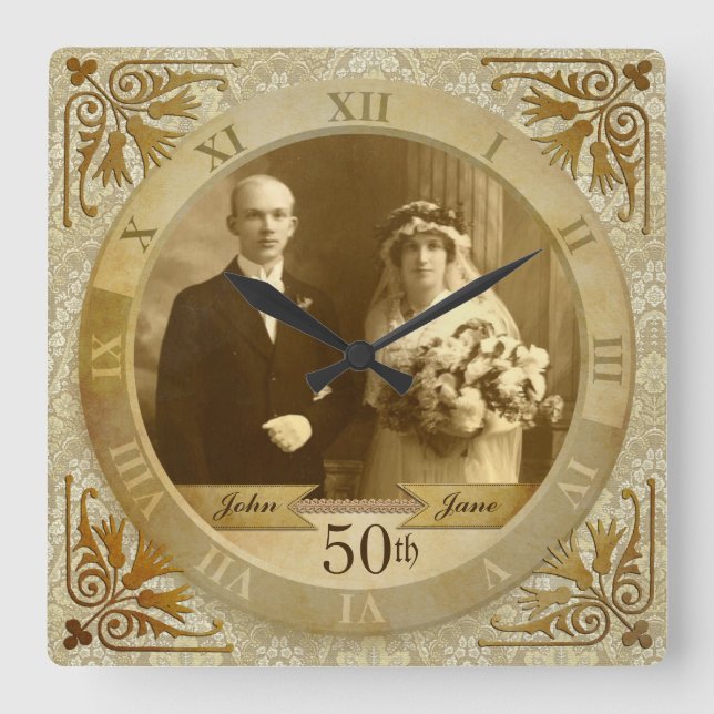 Maßgeschneiderte Foto Clock Gold Damask Roman Nume Quadratische Wanduhr (Vorderseite)