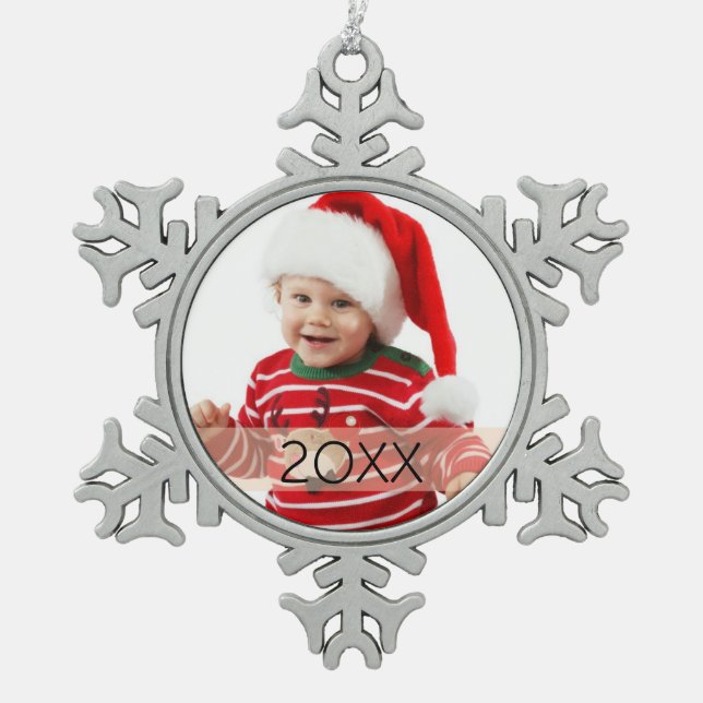 Maßgeschneiderte Foto Jahr-Ornament Schneeflocken Zinn-Ornament (Vorderseite)