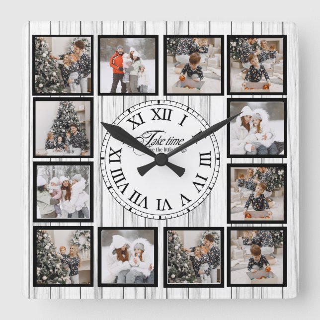Maßgeschneiderte Fotocollage mit Zitat Quadratische Wanduhr (Vorderseite)
