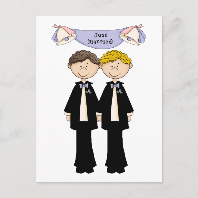 Maßgeschneiderte Gay Male Just Married Wedding Ankündigungspostkarte (Vorderseite)