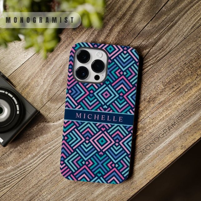 Maßgeschneiderte, helle Dunkelblau-rosa geometrisc Case-Mate iPhone 14 Pro Max Hülle (Customizable Bright Light Dark Blue Pink Geometric Case-Mate iPhone Case)