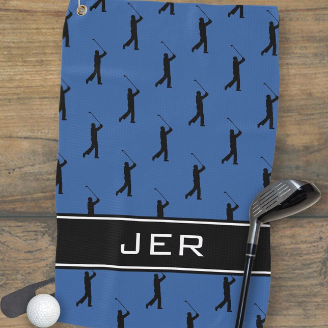 Maßgeschneiderte Initials Golfer Black Pattern Bla Golfhandtuch (Customized Initials Golfer Black Pattern Blue Golf Towel)