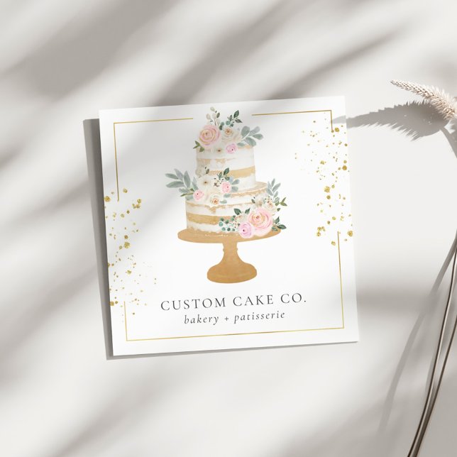 Maßgeschneiderte Kuchen Floral Gold Glitzer Rahmen Quadratische Visitenkarte (Von Creator hochgeladen)