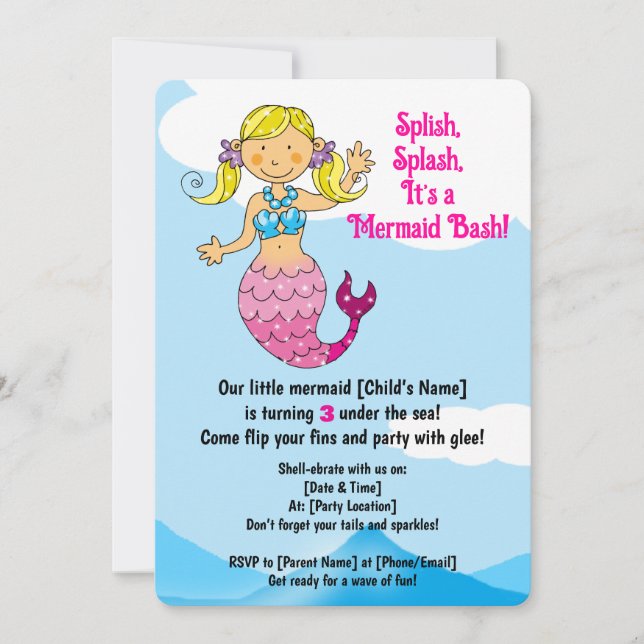 Maßgeschneiderte Mermaid Birthday Design Blonde Ha Einladung (Vorderseite)