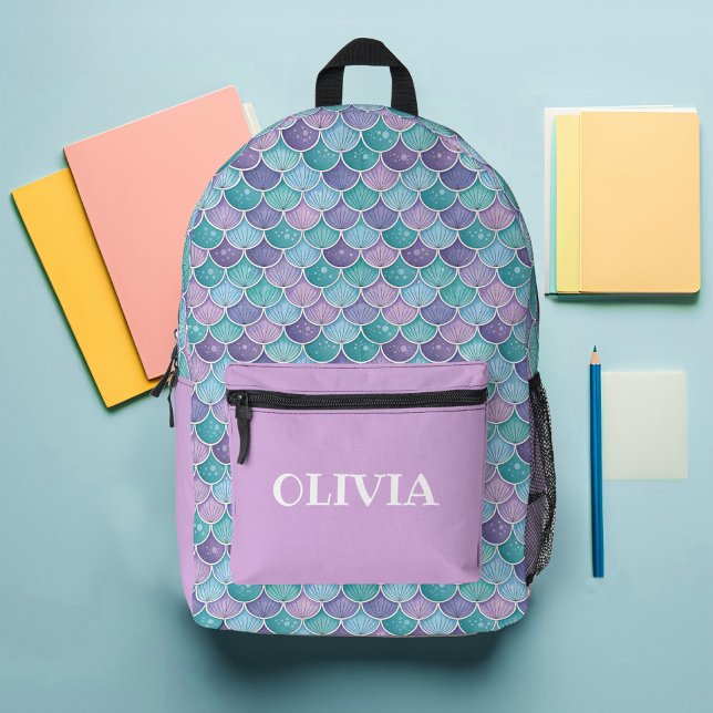 Maßgeschneiderte Mermaid-Skala Bedruckter Rucksack (Mermaid Scales Purple and Teal Girly Modern Backpack)
