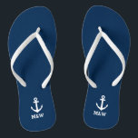 Maßgeschneiderte nautische Monogramm Strand Hochze Flip Flops<br><div class="desc">Personalisierte Hochzeitskippen für Braut und Bräutigam oder Gäste. Elegantes Gastgeschenk Set mit eigenem Nachnamen oder Monogramm und Segelschiff / Bootanker Ikone. Individueller Hintergrund und Band Farbe für ihn und sie / Männer und Frauen. Romantisches Marineblau und Weiß, seine und ihre Keilsandalen mit stilvollen Skriptkalligraphie Typografie. Vergnügen für Hochzeiten, Hochzeiten, Brautparty,...</div>