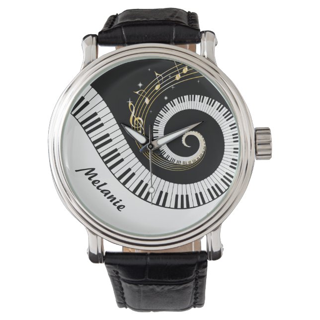 Maßgeschneiderte Piano Keys und Gold Musiknoten Armbanduhr (Vorderseite)