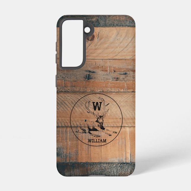 Maßgeschneiderte rustikale Holztextur & Hirschmono Samsung Galaxy Hülle (Rückseite)