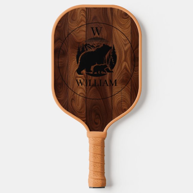 Maßgeschneiderte rustikale Holztextur und Bärenmon Pickleball Schläger (Vorderseite)