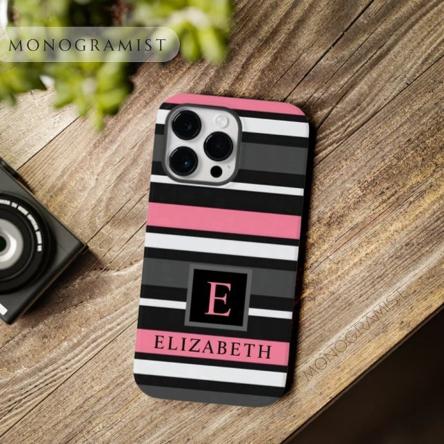 Maßgeschneiderte schwarz-rosa-graue Streifen Case-Mate iPhone 14 Pro Max Hülle (Customizable Black Pink Grey White Stripes Case-Mate iPhone Case)
