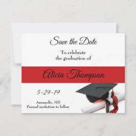 Maßgeschneiderte schwarze und rote Graduierungskap Save The Date