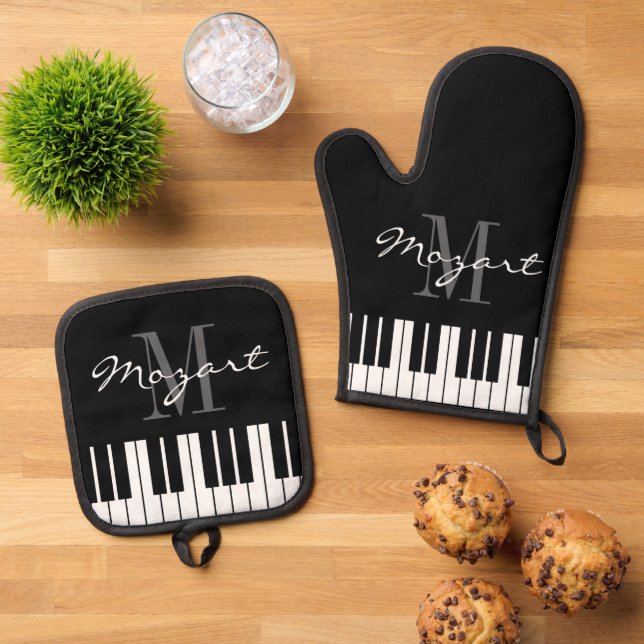 Maßgeschneiderte, schwarzweiße Klaviertasten Ofenhandschuh & Topflappen-Set (Oben Unten)