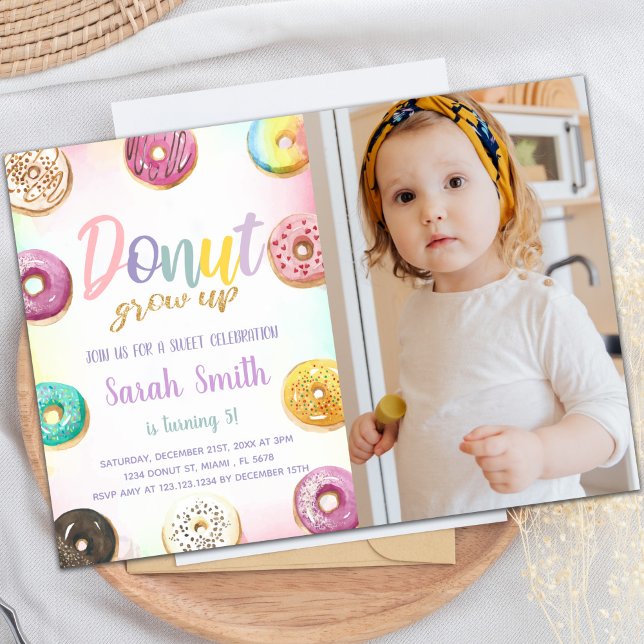 Maßgeschneiderte süße Party Einladungen für Kinder (Pink Donut Birthday Invitations with photo)
