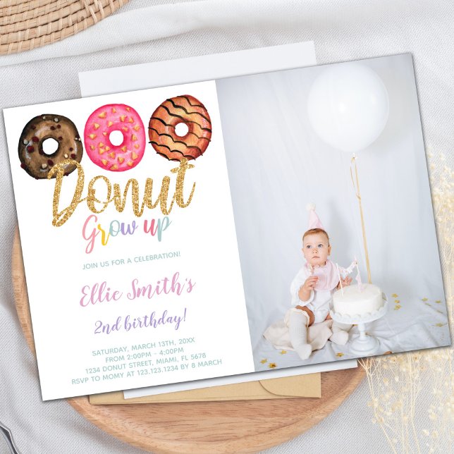 Maßgeschneiderte süße Party Einladungen für Kinder (3 Donut Birthday Invitations with photo)