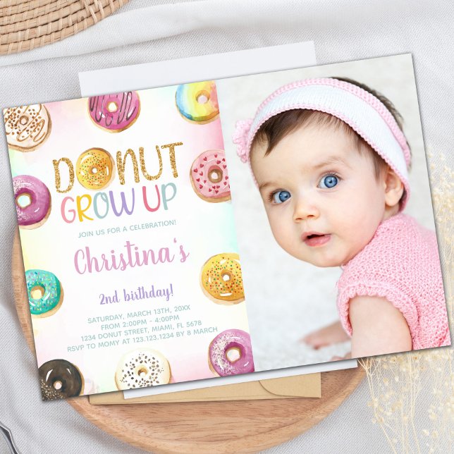 Maßgeschneiderte süße Party Einladungen für Kinder (Golden Glitter Donut Birthday Invitations w photo)