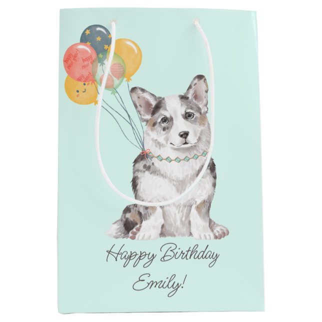 Maßgeschneiderte Sweet Corgi Birthday Balloons Mittlere Geschenktüte (Vorderseite)