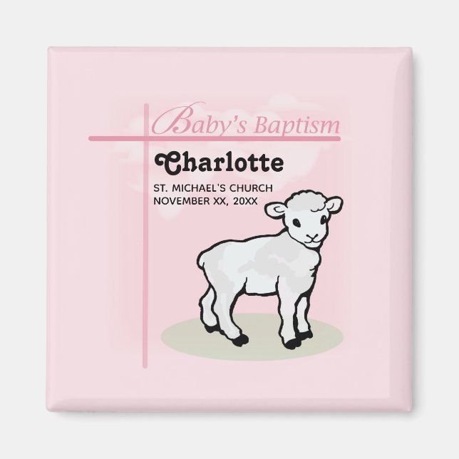 Maßgeschneiderte Taufe, Rosa, Mädchen, Lamm Magnet (Vorne)