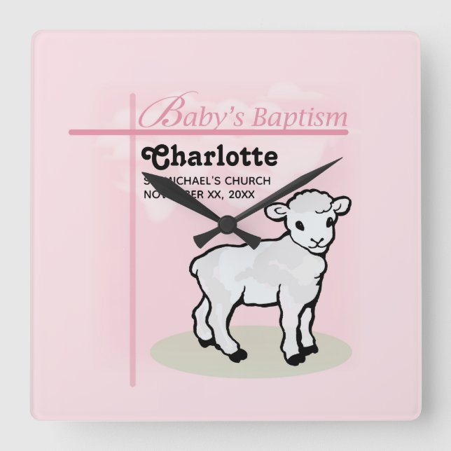 Maßgeschneiderte Taufe, Rosa, Mädchen, Lamm Quadratische Wanduhr (Vorderseite)