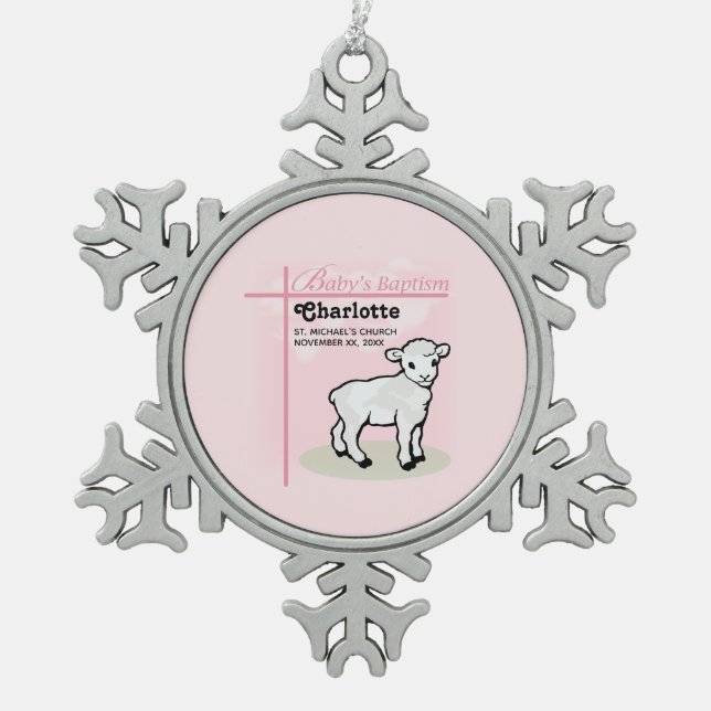 Maßgeschneiderte Taufe, Rosa, Mädchen, Lamm Schneeflocken Zinn-Ornament (Vorderseite)