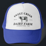 Maßgeschneiderte Vintage Farmhouse Style Milchfarm Truckerkappe<br><div class="desc">Klassische Typografie und eine Vintage Milchkuhätzchenätzung tragen dazu bei,  Ihren eigenen Vintagen Logo-LKW-Hut im Milchbauernstil zu kreieren. Personalisieren Sie den Bogennamenstext,  das Jahr und den Ort für ein wirklich freundliches Geschenk an den seriösen oder Hobby Molkerei Bauer in Ihrem Leben.</div>