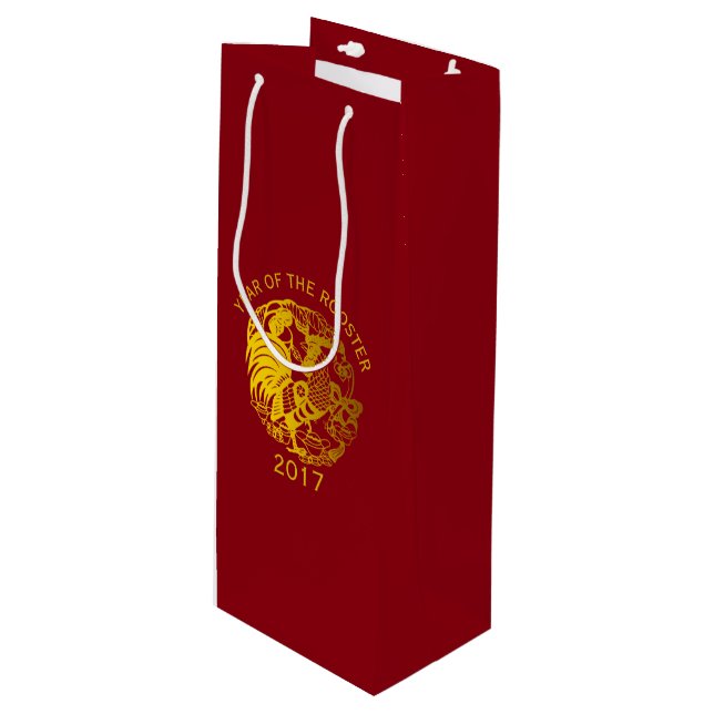 Maßgeschneiderte Zodiac 2017 Rooster Year Wine Bag Geschenktüte Für Weinflaschen (Vorderseite Schrägansicht)