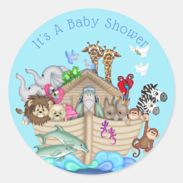 Maßgeschneiderter Blue Noah's Ark Baby Shower Stic Runder Aufkleber (Vorderseite)