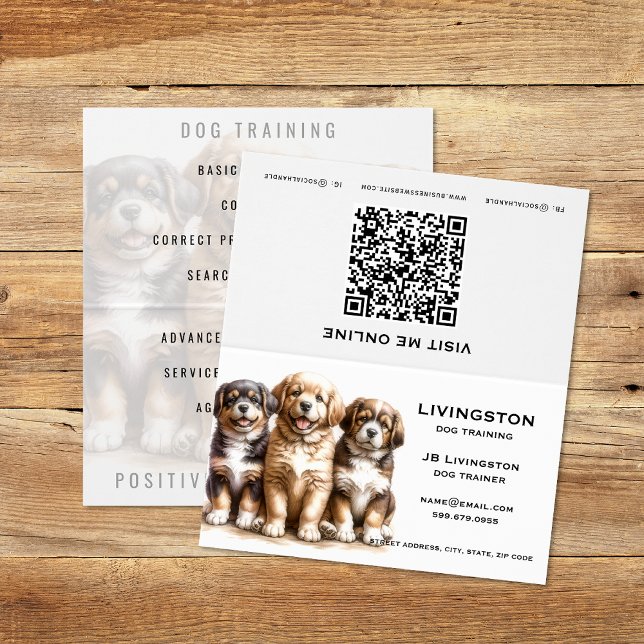 Maßgeschneiderter Dog Trainer QR Code Falsche Visi Visitenkarten (Dog Trainer QR Code Folded Business Cards (unfolded) )