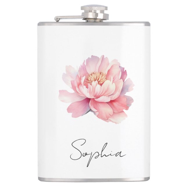 Maßgeschneiderter Flansch Pivoine Aquarelle Rose Flachmann (Vorderseite)