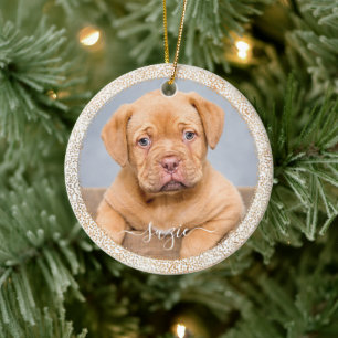 Maßgeschneiderter Foto-Hund Gold-Glitzer auf Weiß Keramik Ornament