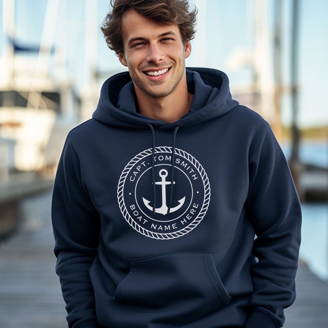 Maßgeschneiderter Kapitän und Schiffsnamensgrenze Hoodie (Custom captain and boat name anchor rope border hoodie)
