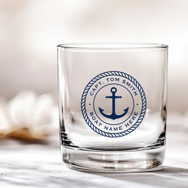 Maßgeschneiderter Kapitän und Schiffsnamensgrenze Whiskyglas (Custom captain and boat name anchor rope border whiskey glass)