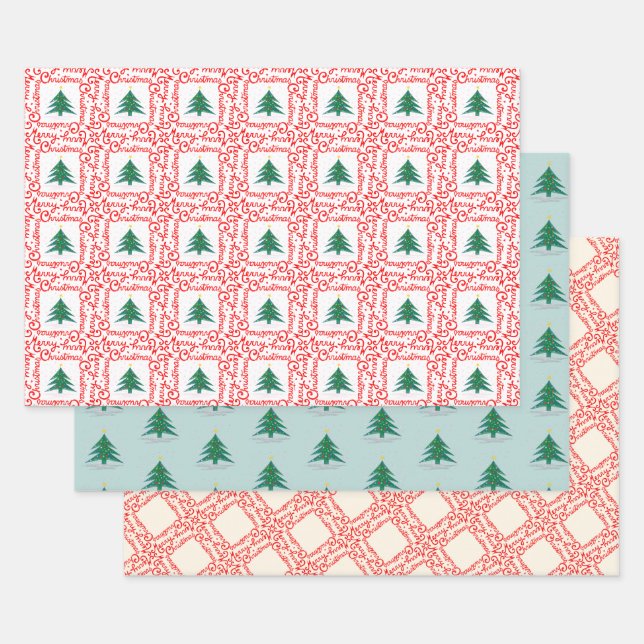 Maßgeschneiderter Rot-Weiß-Frohe Weihnachtsbaum Geschenkpapier Set (Set)