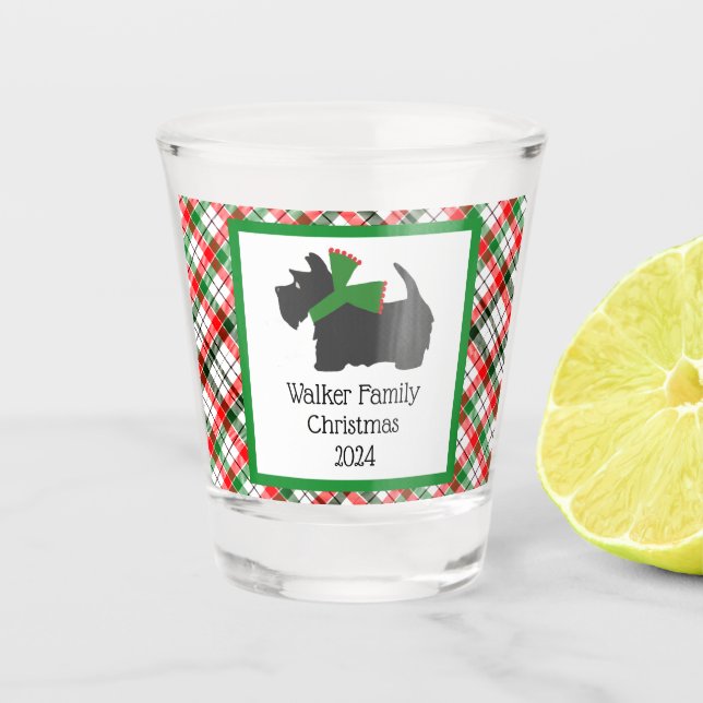 Maßgeschneiderter Scotty Hund und Tartan Weihnacht Schnapsglas (Vorderseite)