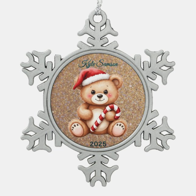 Maßgeschneiderter Teddy Bär und Candy Cane Schneeflocken Zinn-Ornament (Vorderseite)