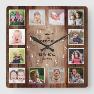 Maßgeschneidertes 12 Foto Collage Familienangebot Quadratische Wanduhr