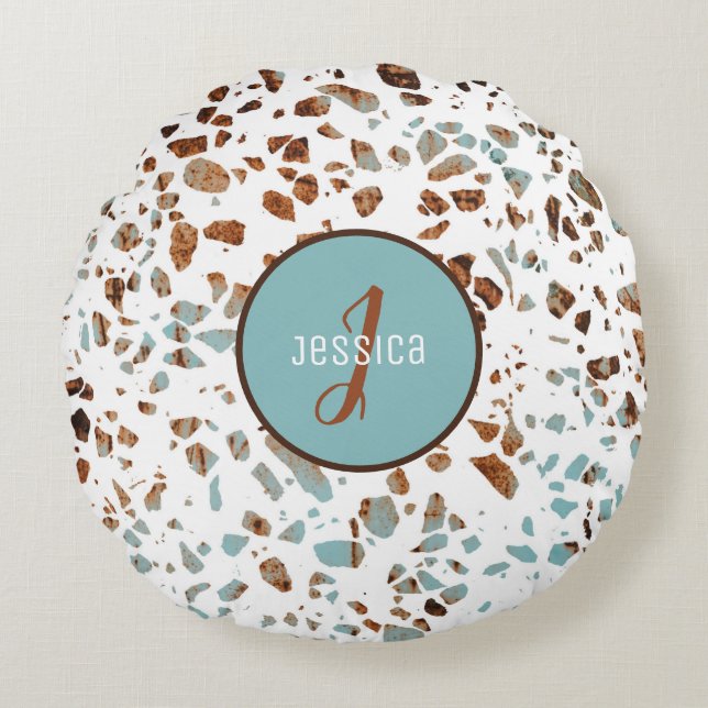 Maßgeschneidertes Abstraktes Terrazzo Braun & Blau Rundes Kissen (Vorderseite)