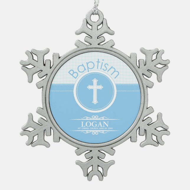 Maßgeschneidertes, blaues Kind Gottes Taufe Schneeflocken Zinn-Ornament (Vorderseite)