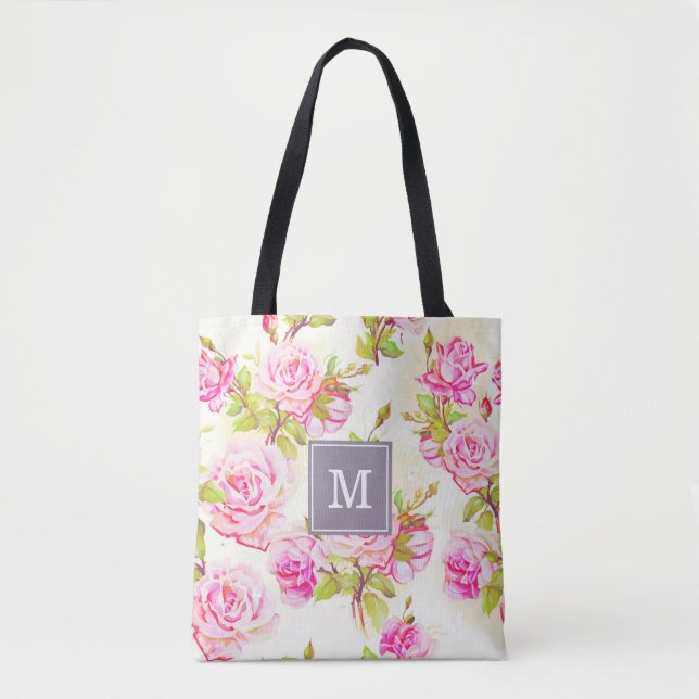 Maßgeschneidertes Blumenmuster Alte Rose Monogramm Tasche (Vorderseite)
