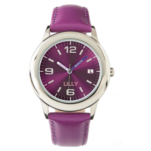 Maßgeschneidertes Chic Monogram Girly Hot Pink Met Armbanduhr (Vorderseite)