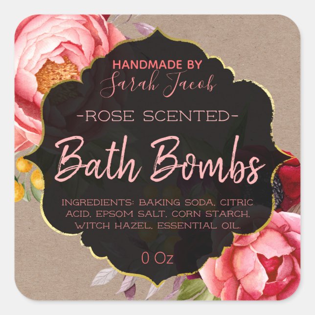 Maßgeschneidertes Floral Kraft Bath Bombe Label Quadratischer Aufkleber (Vorderseite)