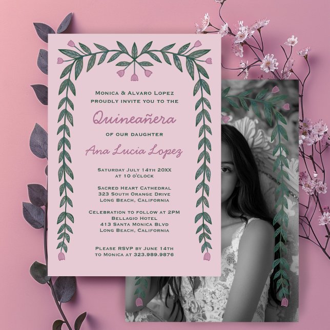 Maßgeschneidertes Foto für den Blumenrahmen von Qu Einladung (Quinceañera Floral Frame Custom Photo Invitation
)