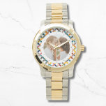 Maßgeschneidertes Foto Modernes, Personalisiertes  Armbanduhr<br><div class="desc">Custom Foto Modern Colorful Personalisiert Watch zeichnet sich durch ein farbenfrohes,  modernes geometrisches Muster mit Ihrem bevorzugten Foto in der Mitte aus. FOTO TIPP: Zentrieren Sie Ihr Foto vor dem Hochladen nach Zazzle. Von Evco Studio entworfen www.zazzle.com/store/evcostudio</div>