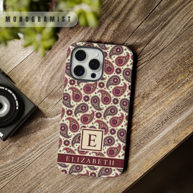 Maßgeschneidertes, gelbes Lila Rotes Paisley iPhone 15 Pro Max Hülle (Customizable Yellow White Purple Red Paisley iPhone Case)