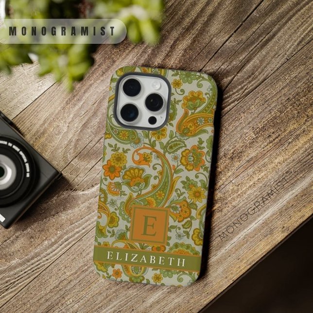 Maßgeschneidertes Graugrün-Gelb-Paisley iPhone 15 Pro Max Hülle (Customizable Grey Green Orange Yellow Paisley iPhone Case)