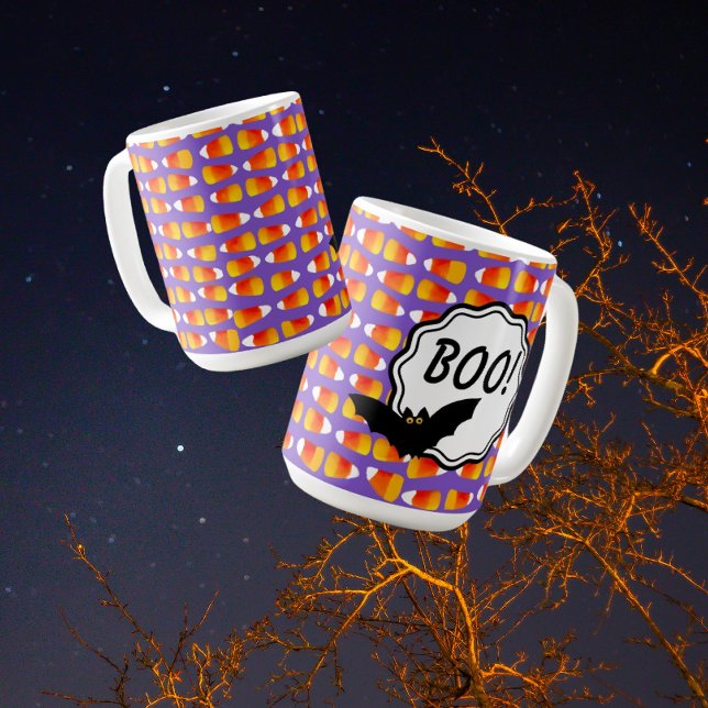 Maßgeschneidertes Halloween-Candy-Mais-Black Bat Kaffeetasse (Such cute crazy candy corn with a sassy bat!! You can personalize by changing the text to a name.)