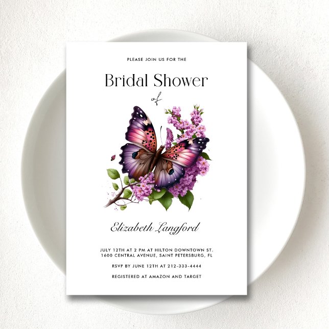Maßgeschneidertes Lila Brautparty mit Blütenschmet Einladung (Customizable Purple Floral Butterfly Bridal Shower Invitation)