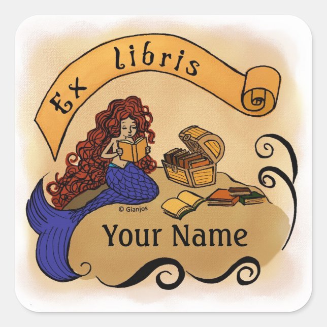 Maßgeschneidertes Mermaid-Buchzeichen / ex libris Quadratischer Aufkleber (Vorderseite)