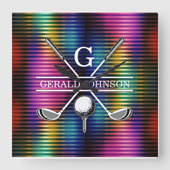 Maßgeschneidertes Metallic-farbiges Golf Monogram  Quadratische Wanduhr (Vorderseite)
